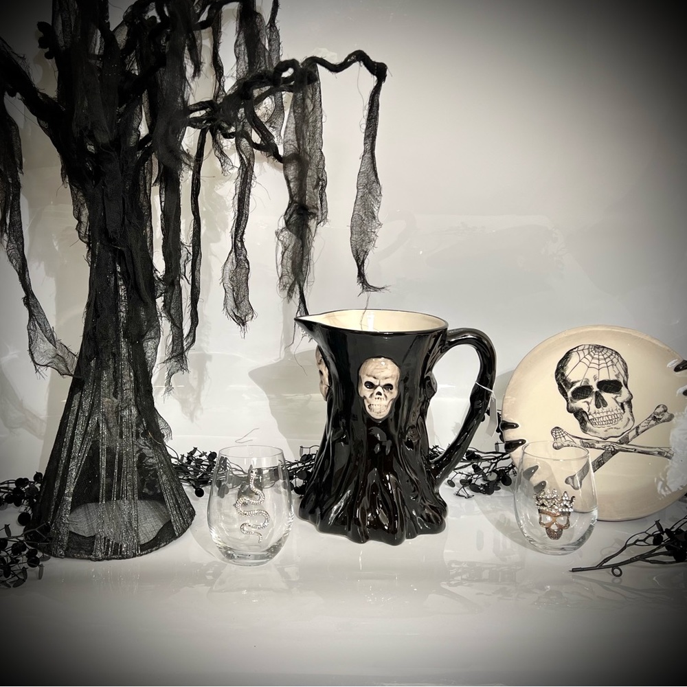 Gothic Skull Carved Tree Stump Black Ceramic Pitcher 10” H